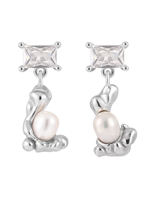 Platinum [with pure silver ear plug] 925 Sterling Silver Imitation Pearl Irregular Cute Drop Earring